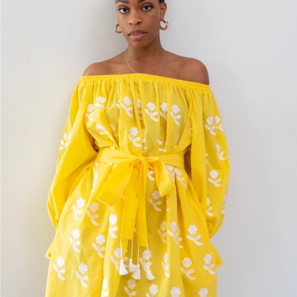 Yellow Off-Shoulder Floral Belted Dress